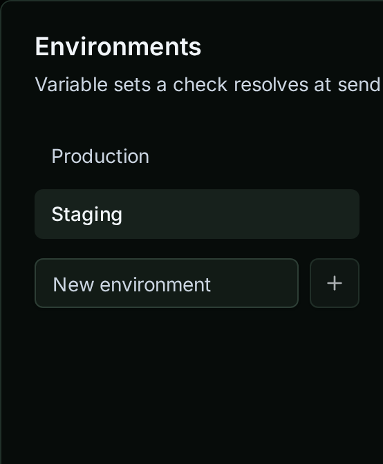 The environments list with the New environment field