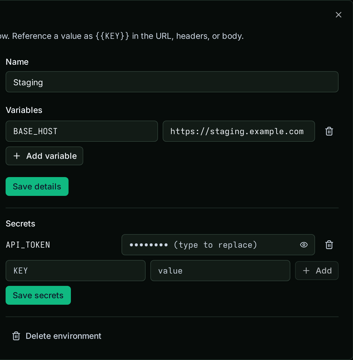 An environment's variables and write-only secrets