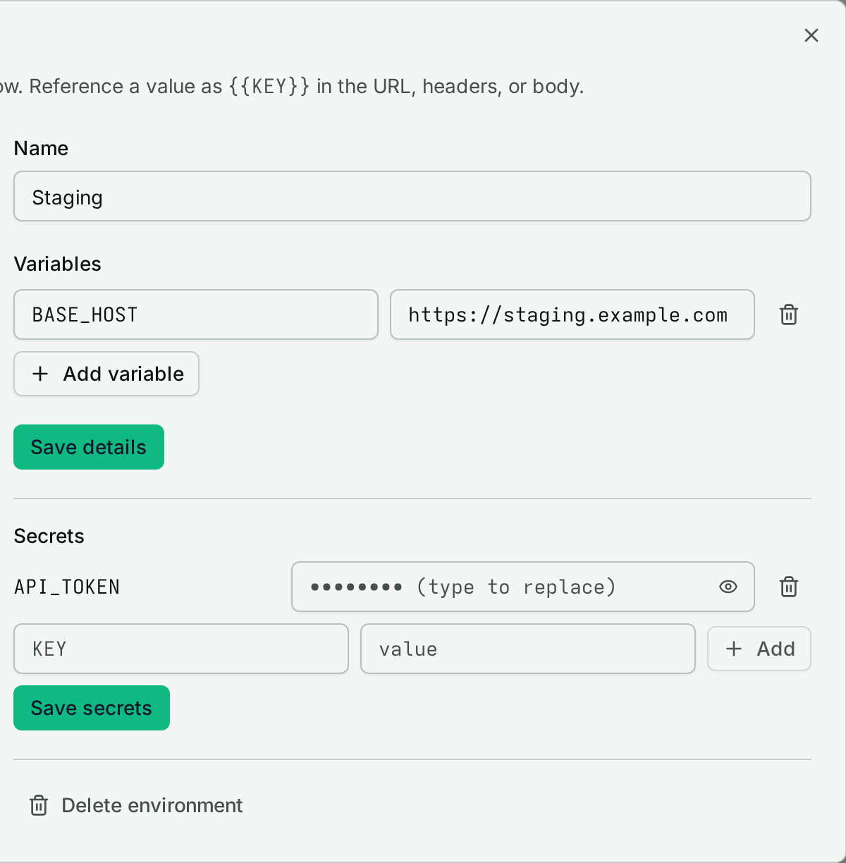 An environment's variables and write-only secrets