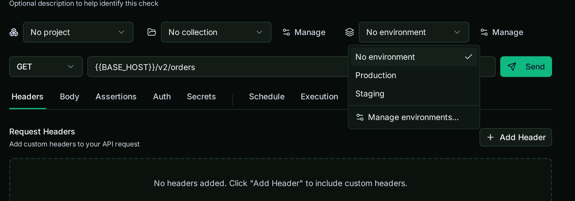 The environment switcher open on a check