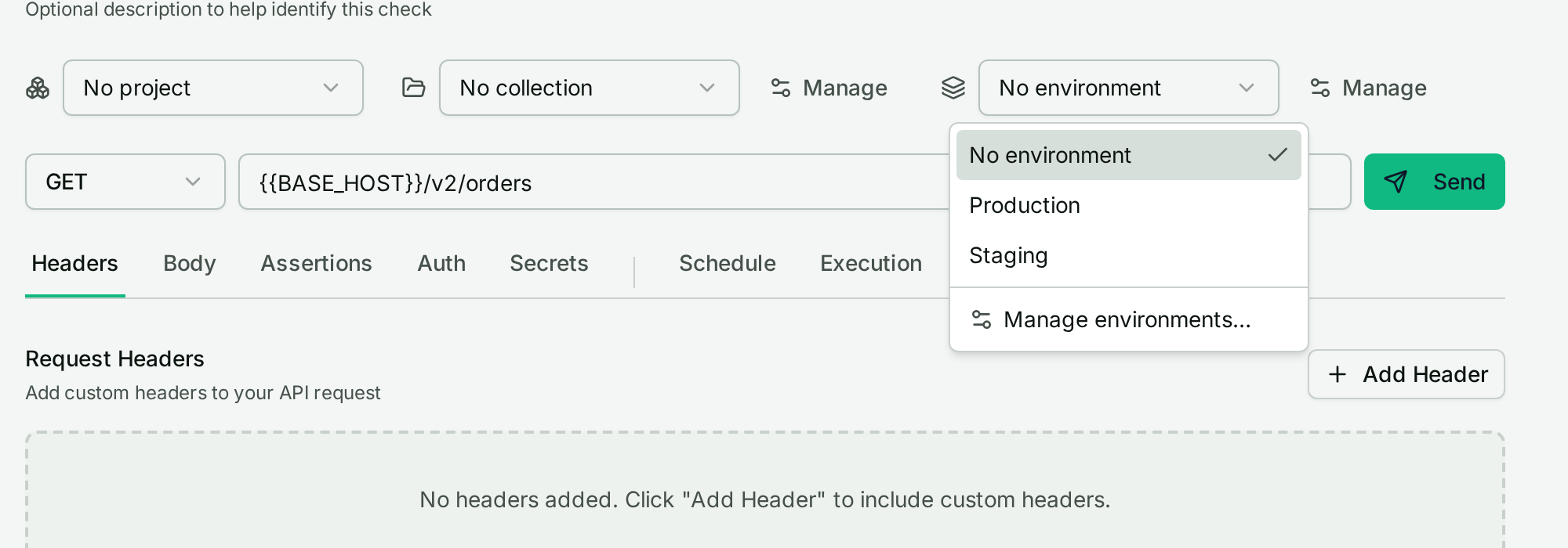 The environment switcher open on a check
