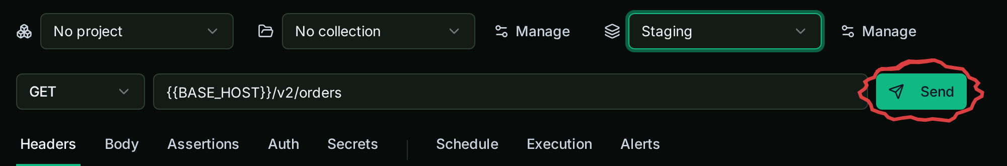 Staging selected in the switcher, Send button circled