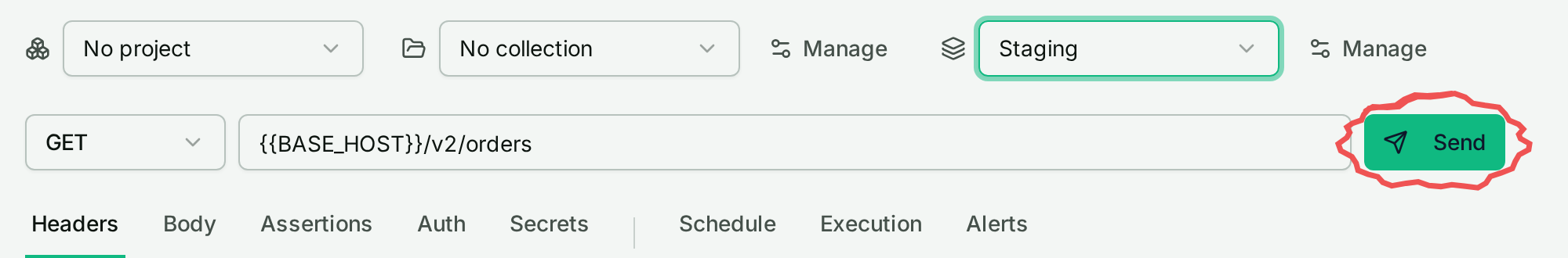 Staging selected in the switcher, Send button circled