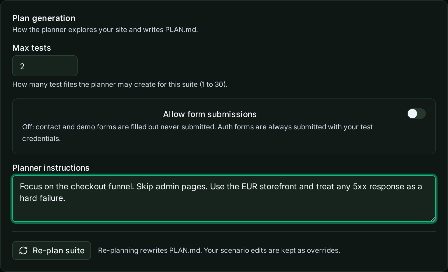 The Configuration tab's Planner instructions field, with max tests and allow-form-submission settings above it