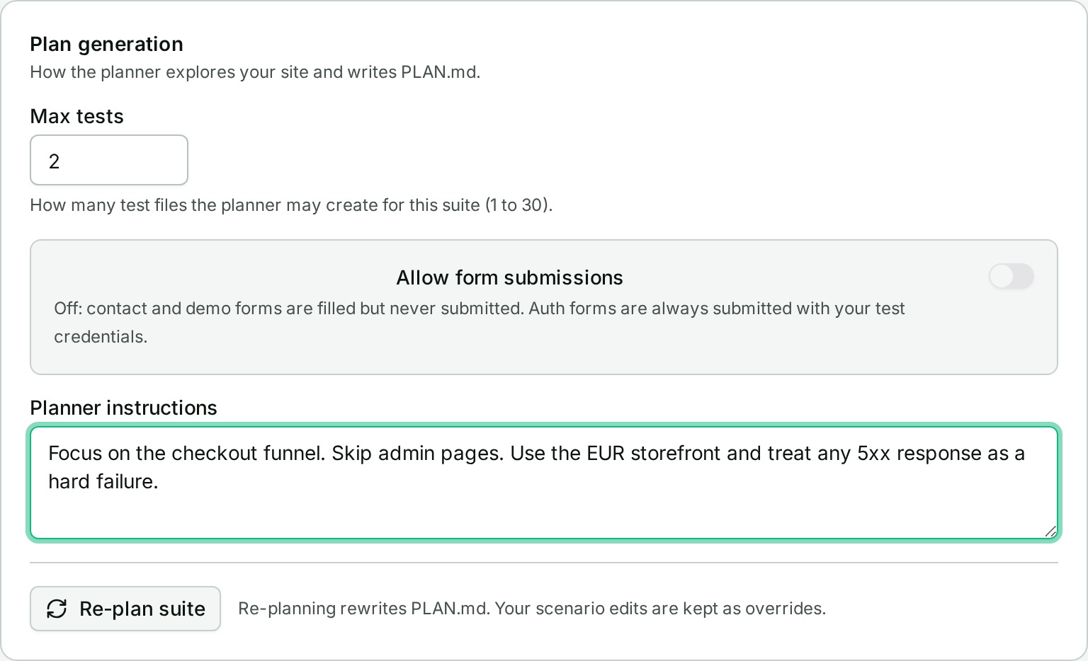 The Configuration tab's Planner instructions field, with max tests and allow-form-submission settings above it