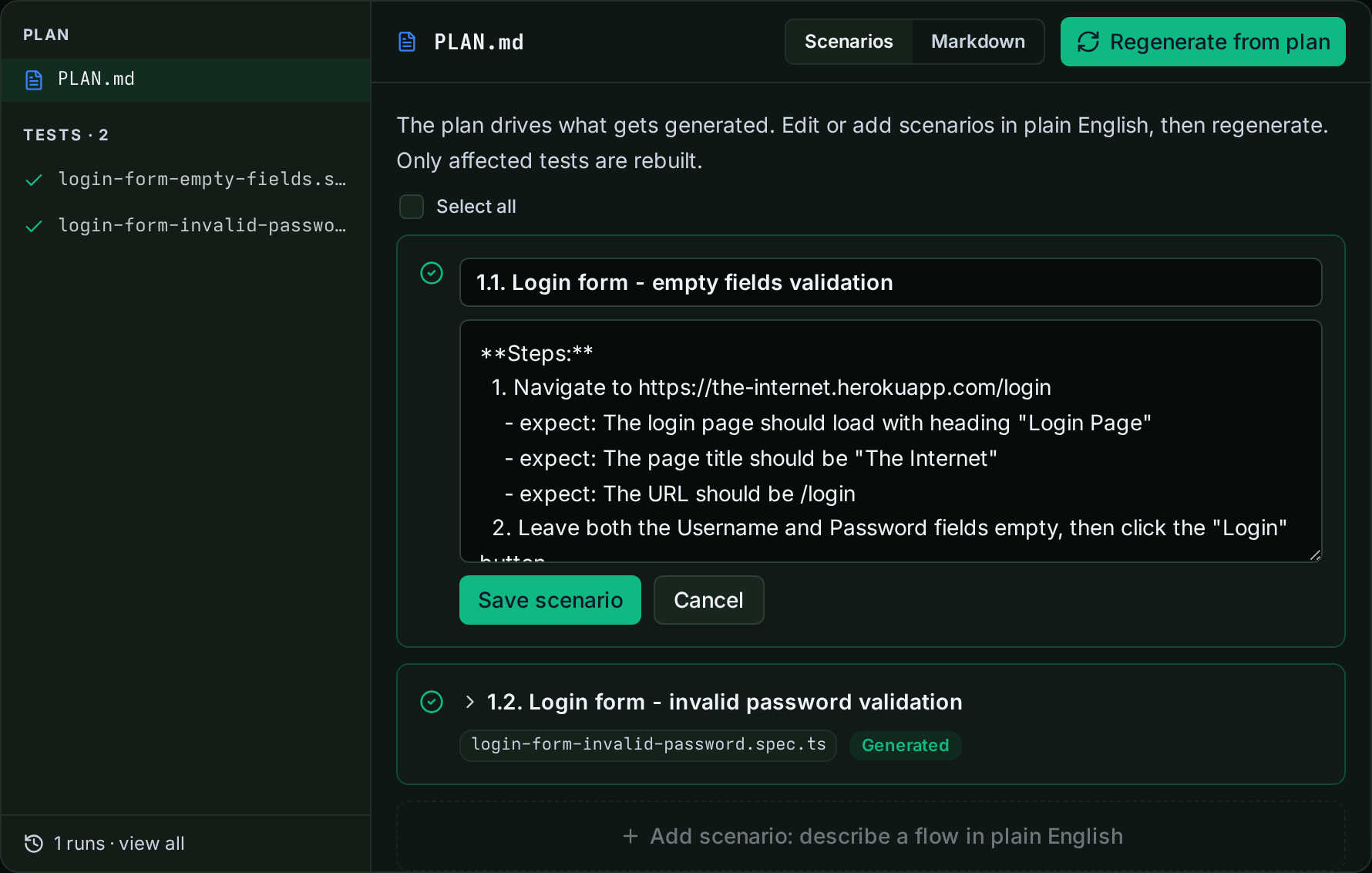 A scenario card open in edit mode, with title, steps, and save/cancel controls