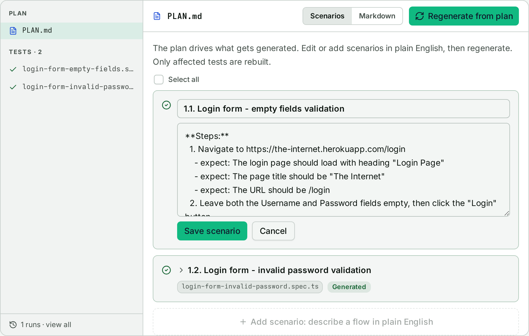 A scenario card open in edit mode, with title, steps, and save/cancel controls