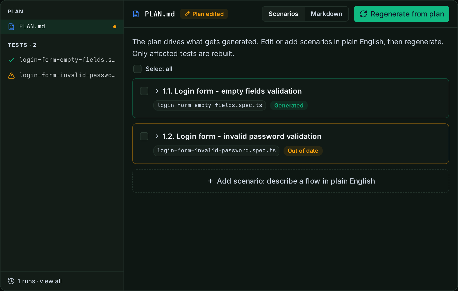A scenario card tagged Out of date next to the Regenerate from plan button