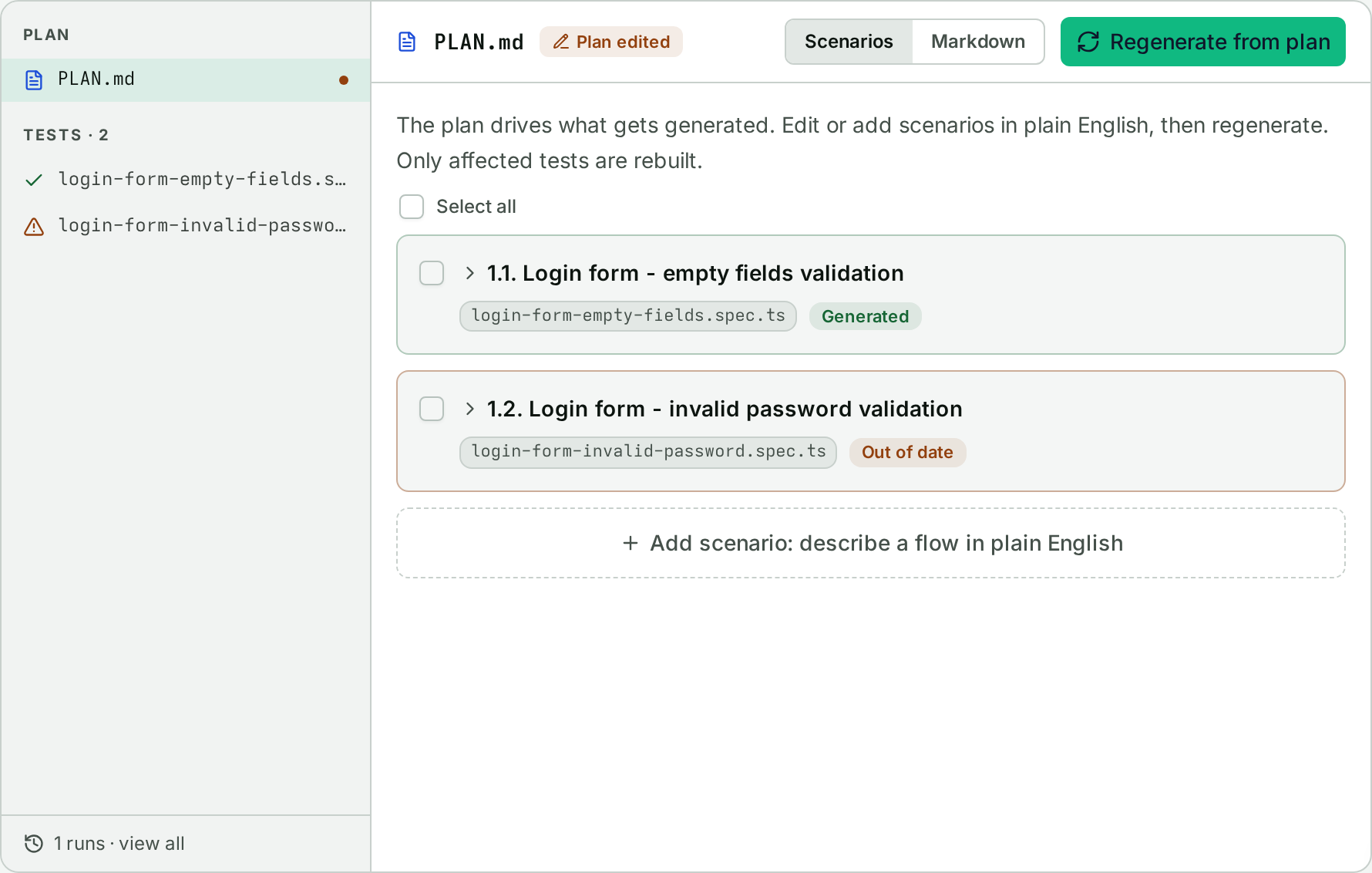 A scenario card tagged Out of date next to the Regenerate from plan button