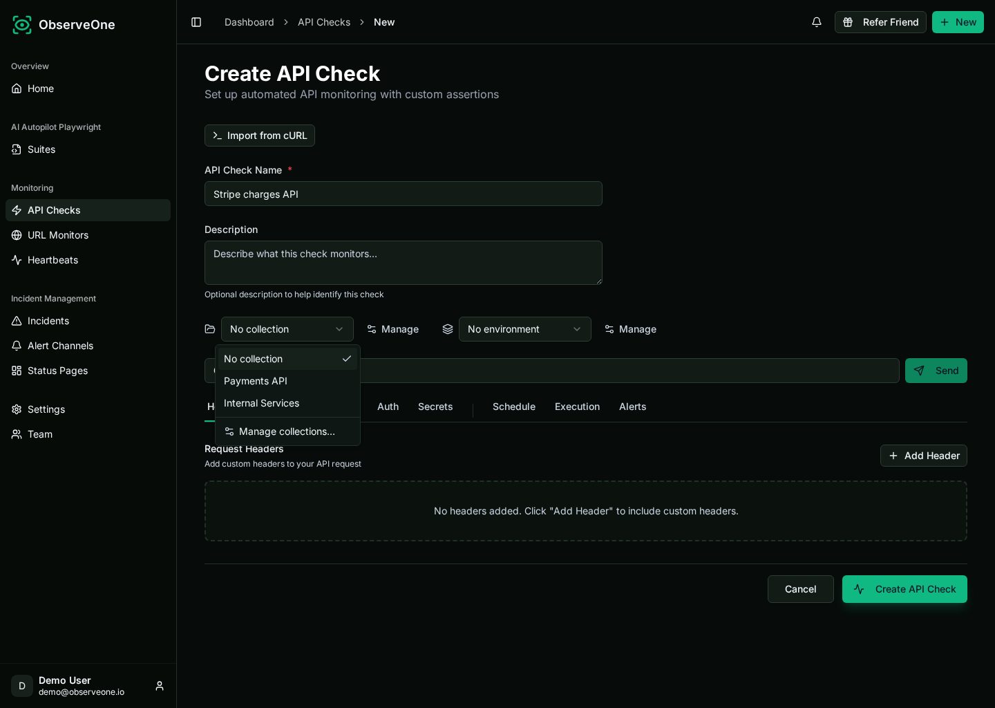 Collection selector open with No collection, Payments API, and Internal Services options