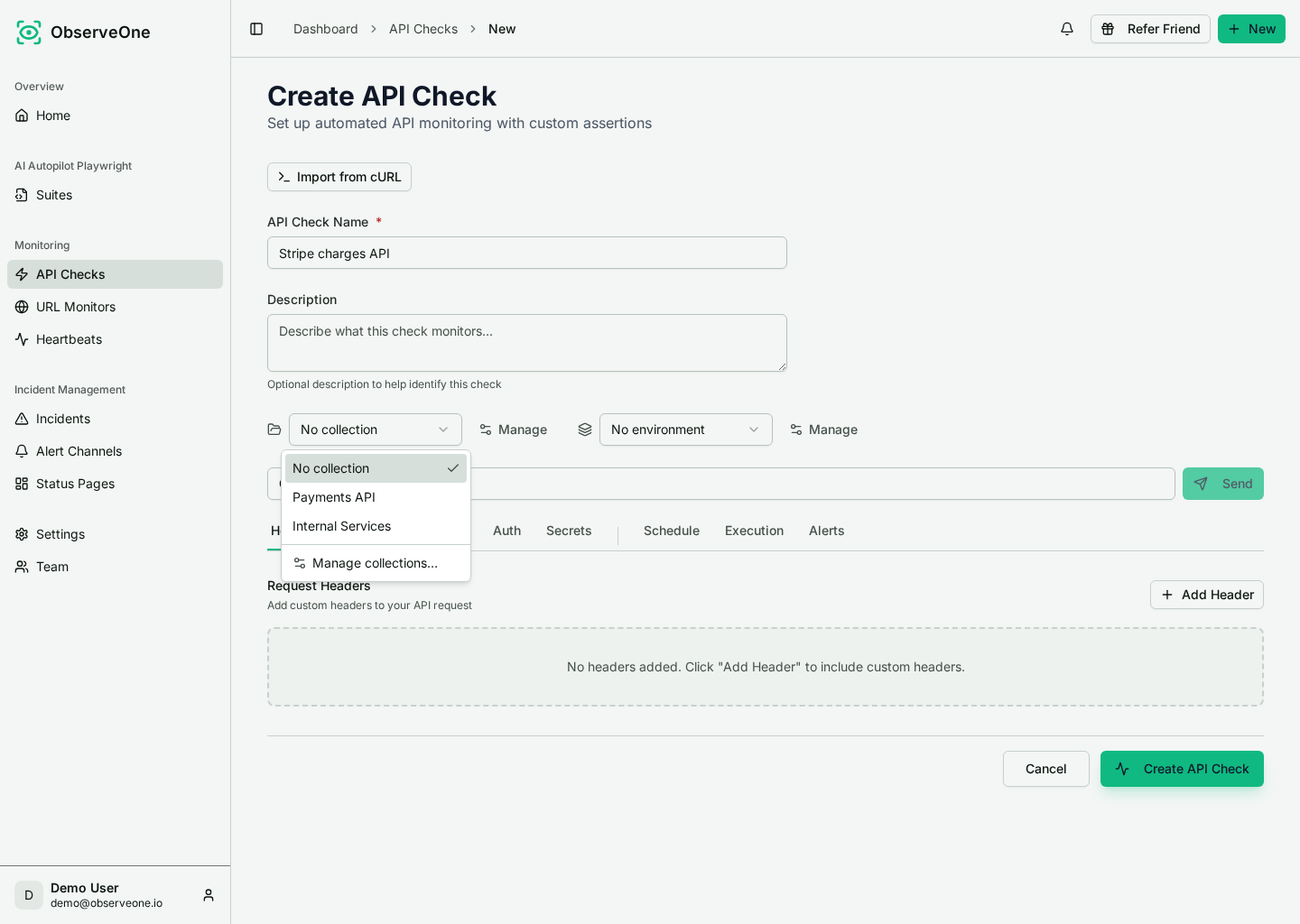 Collection selector open with No collection, Payments API, and Internal Services options