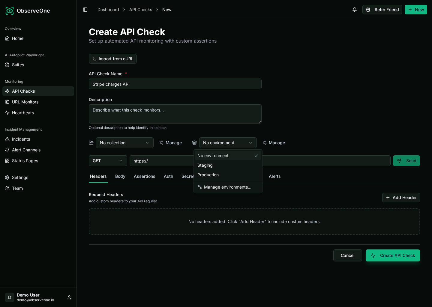 Environment selector open with No environment, Staging, and Production options