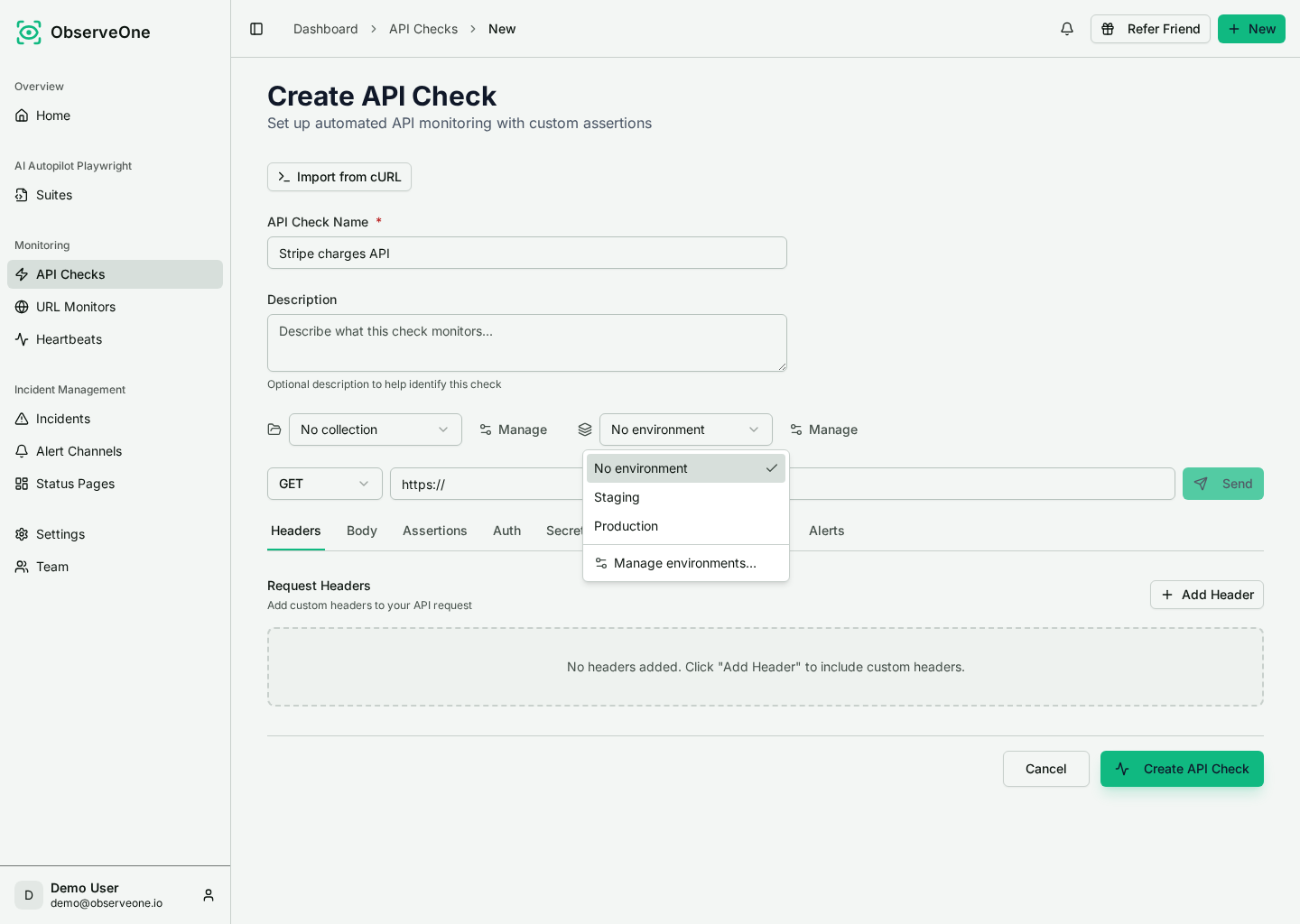 Environment selector open with No environment, Staging, and Production options