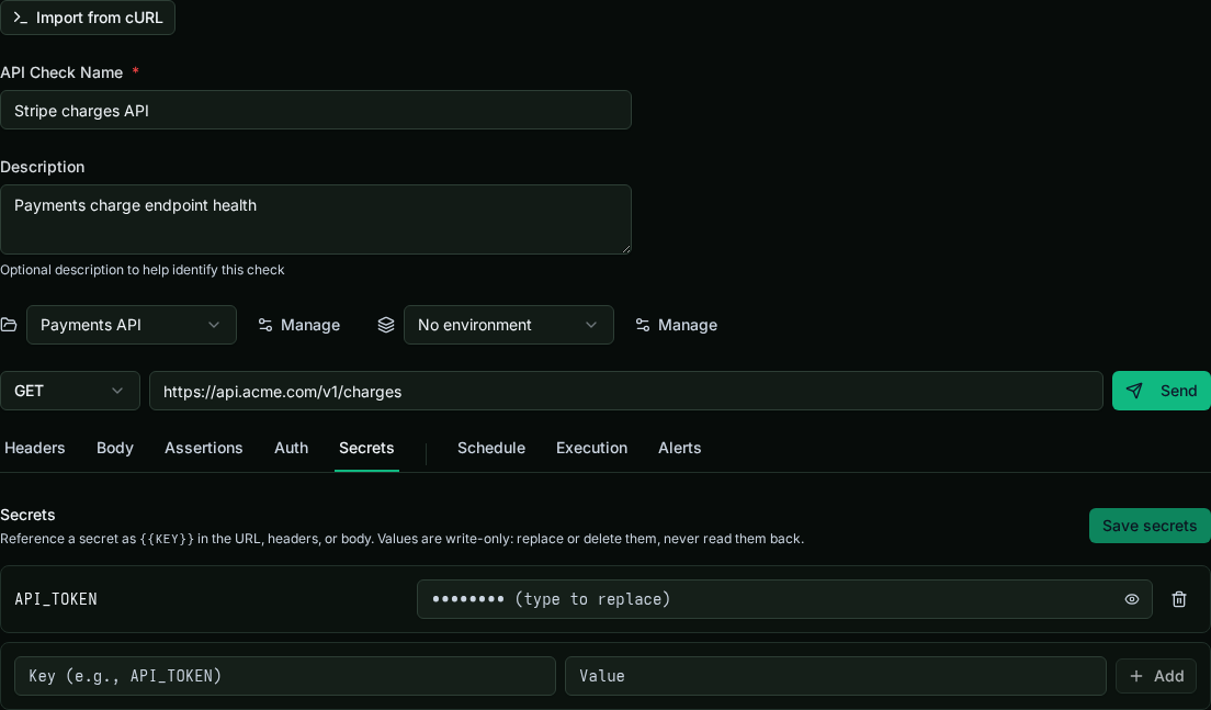 Secrets tab showing an API_TOKEN stored as a write-only value