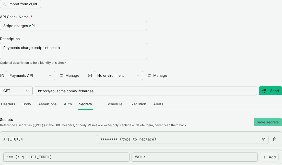 Secrets tab showing an API_TOKEN stored as a write-only value