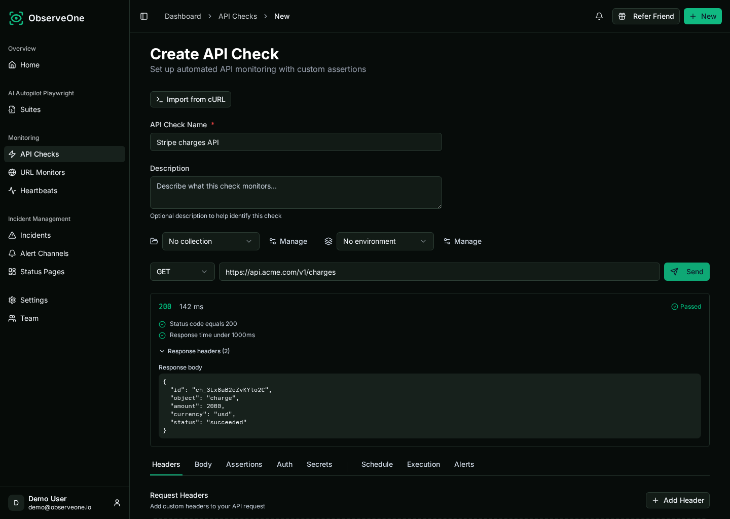 Inline 200 response showing 142 ms, passing assertions, and the JSON response body