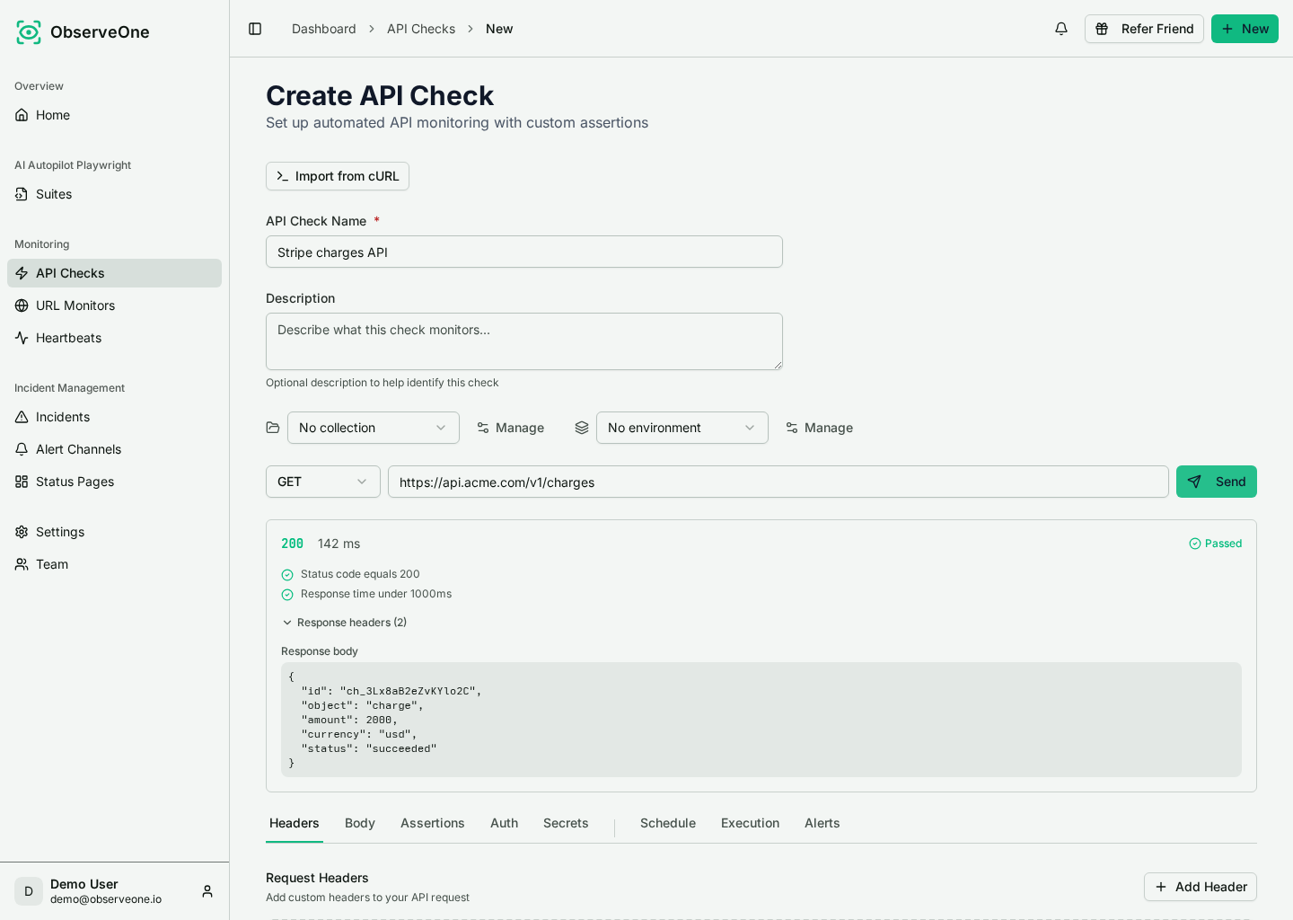 Inline 200 response showing 142 ms, passing assertions, and the JSON response body