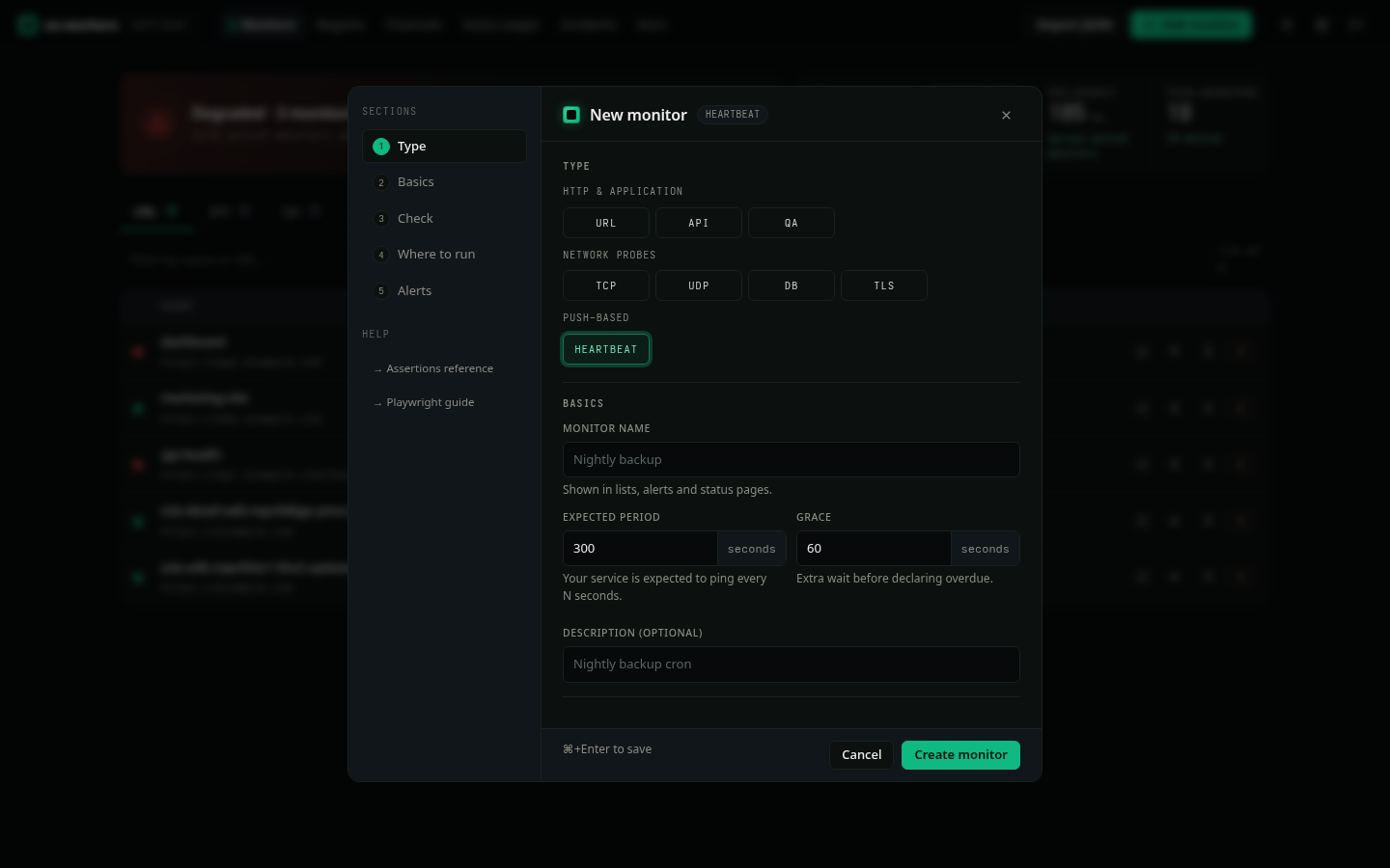 Add-monitor dialog with a sections rail and type tiles grouped by category