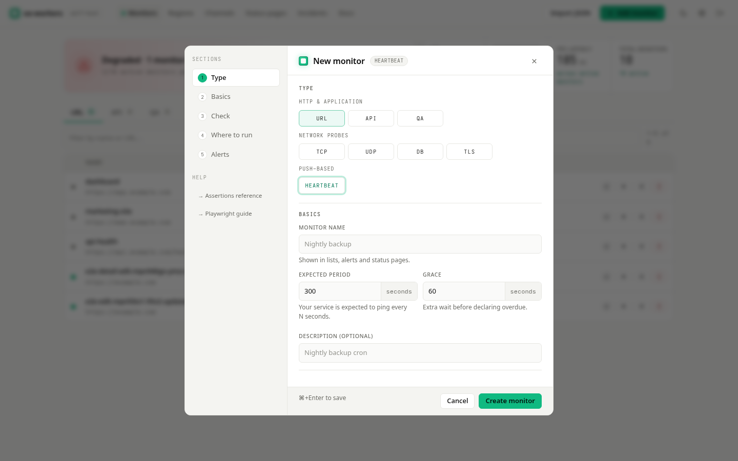 Add-monitor dialog with a sections rail and type tiles grouped by category