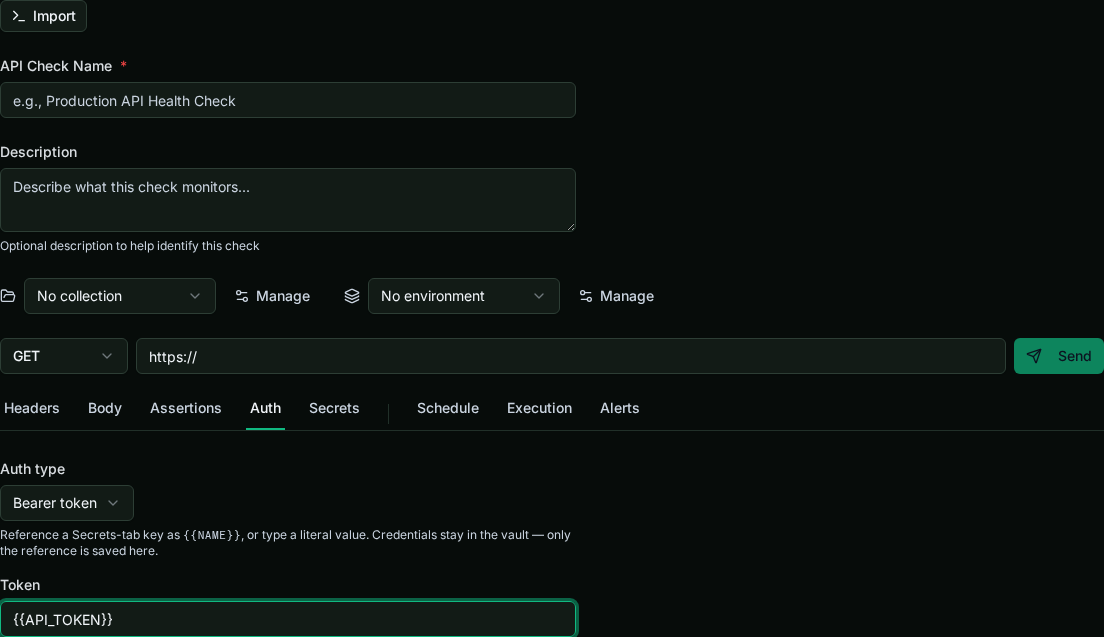 The Auth tab with Bearer token selected and the token field set to a vault reference.