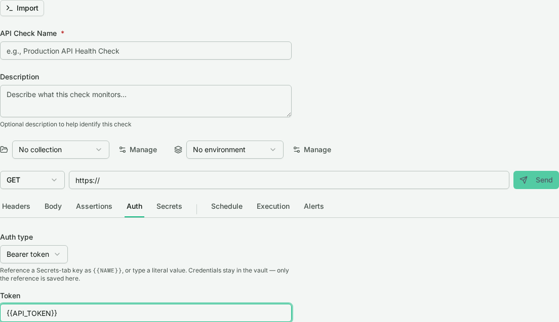 The Auth tab with Bearer token selected and the token field set to a vault reference.