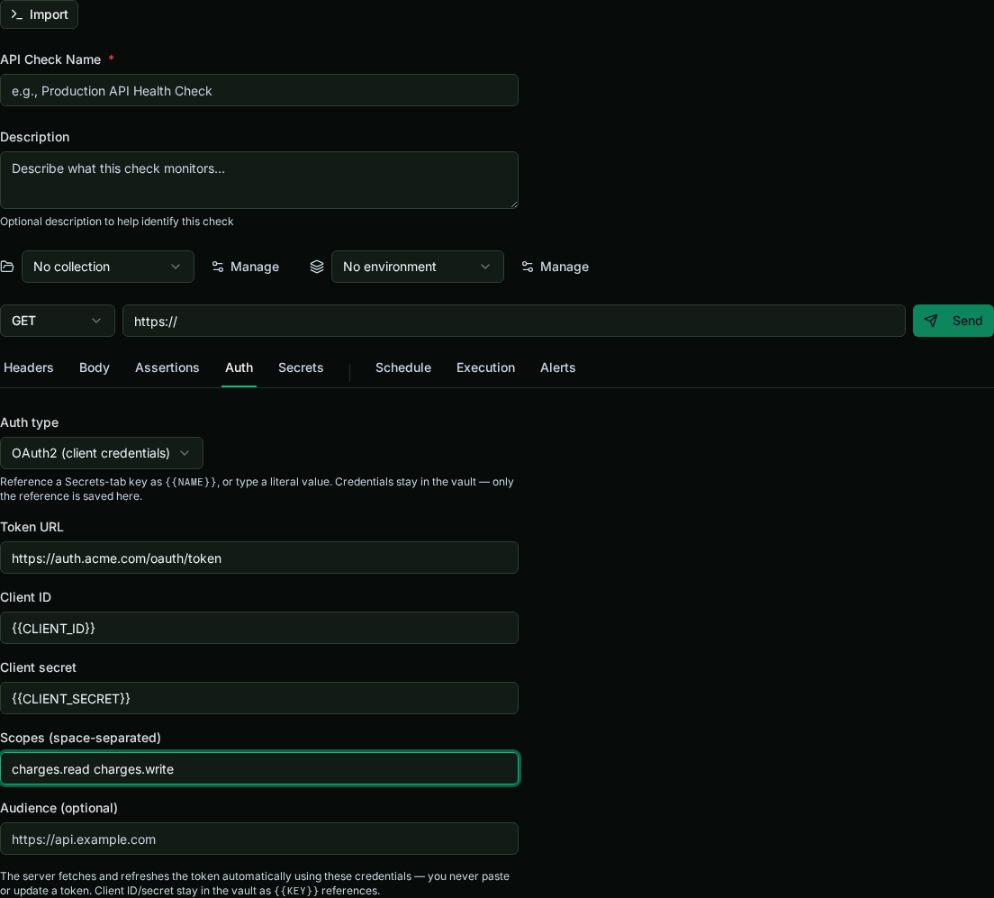 The Auth tab with OAuth2 client credentials selected, showing token URL, client ID and secret references, scopes, and an optional audience.
