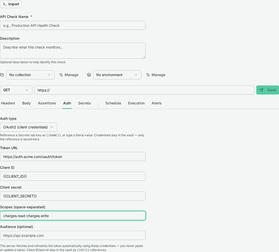 The Auth tab with OAuth2 client credentials selected, showing token URL, client ID and secret references, scopes, and an optional audience.