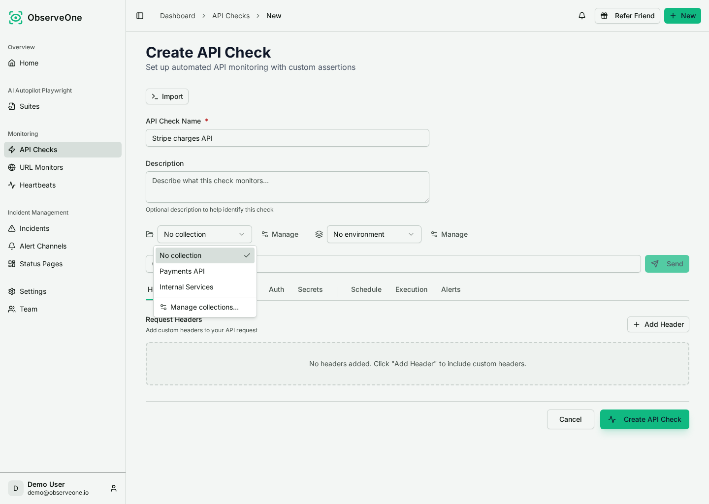 The collection picker open on the check form, listing the available collections to assign the check to.