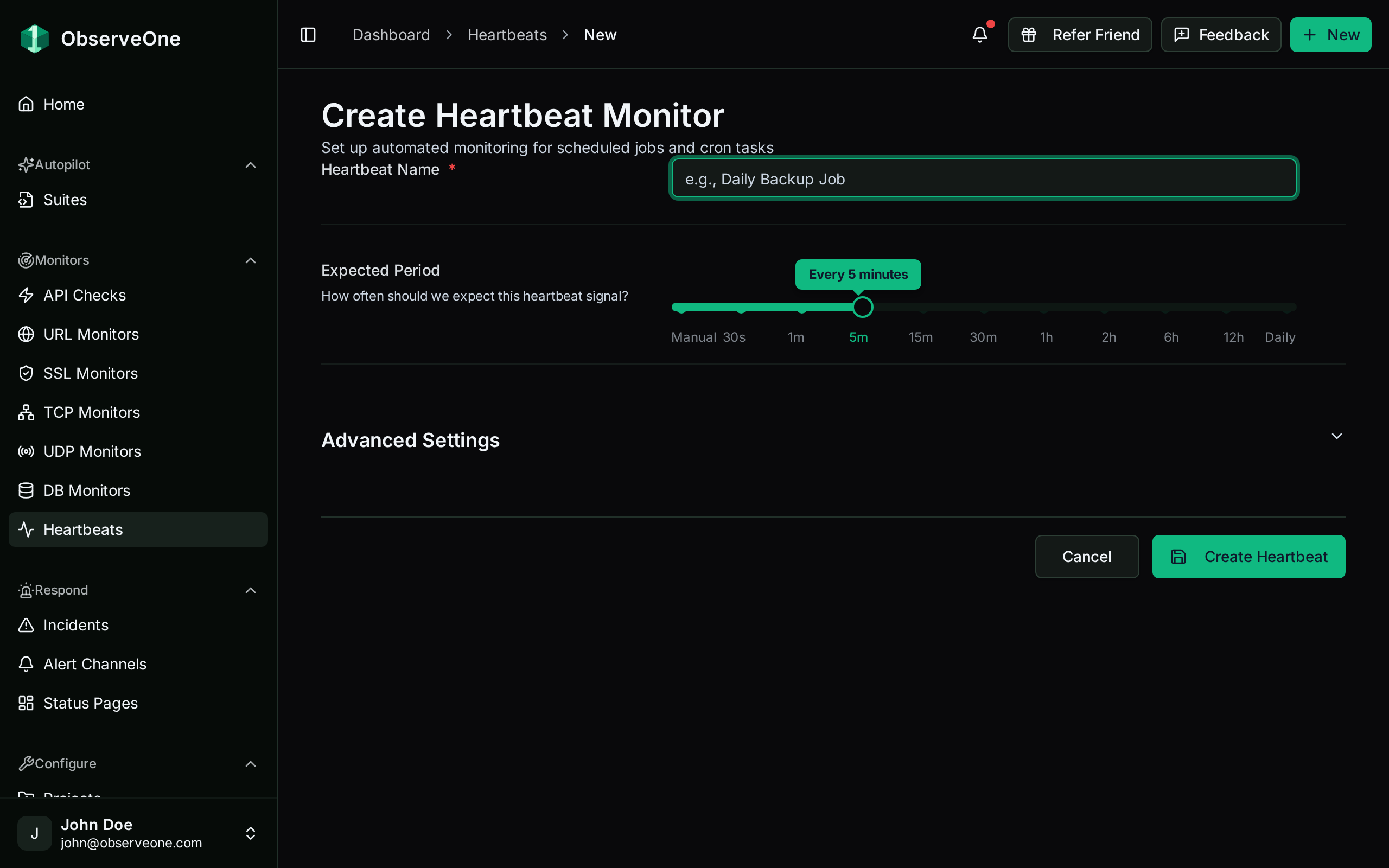 The Create Heartbeat Monitor form with a name field and the expected-period slider