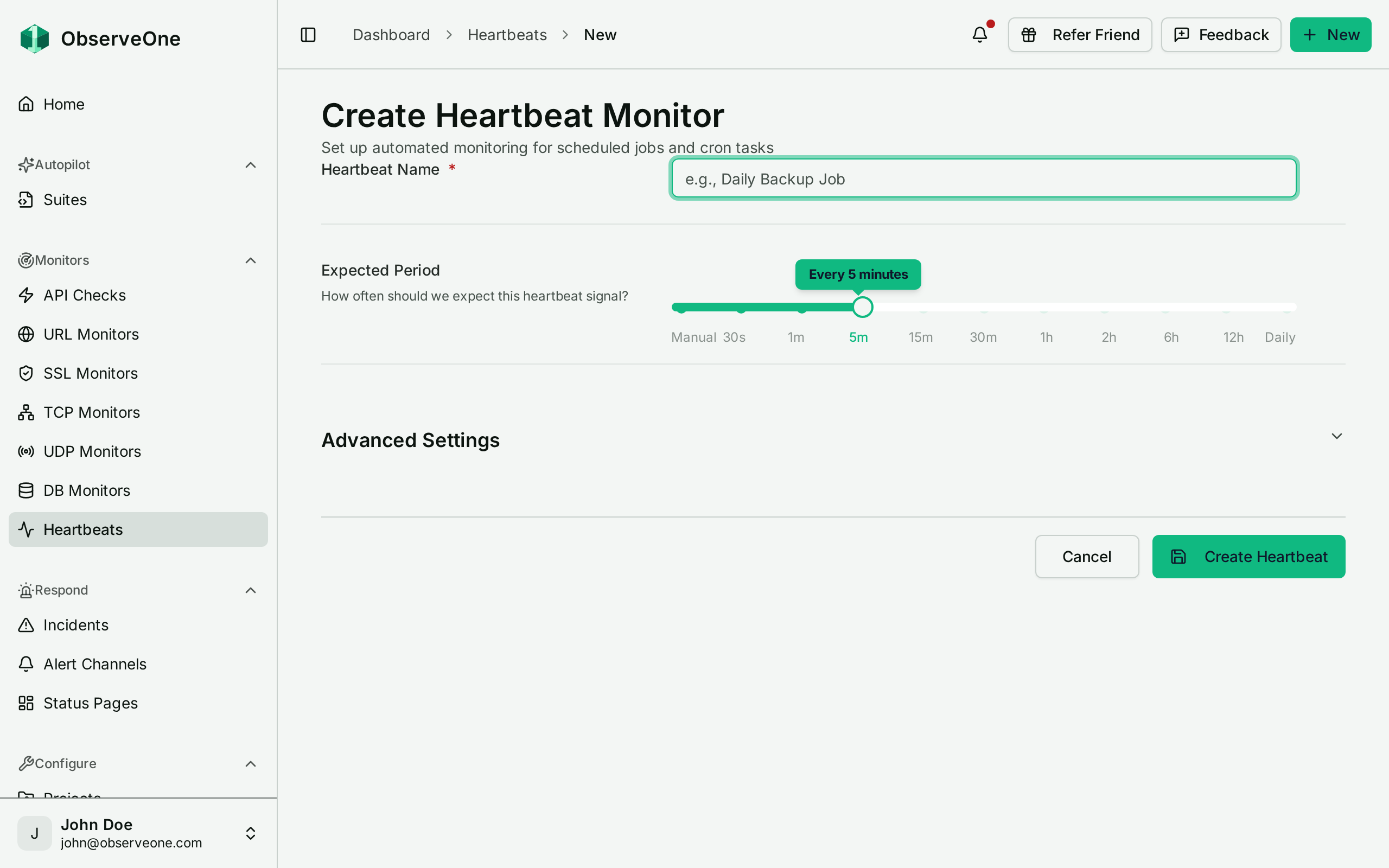 The Create Heartbeat Monitor form with a name field and the expected-period slider