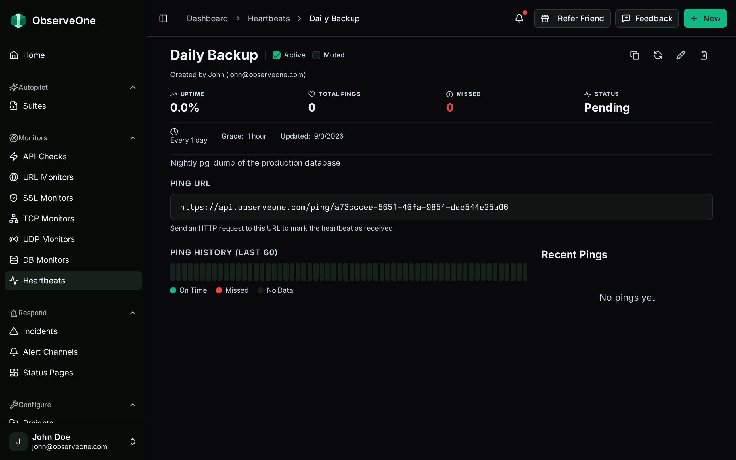 A newly created heartbeat showing status Pending, its ping URL, and an empty ping history