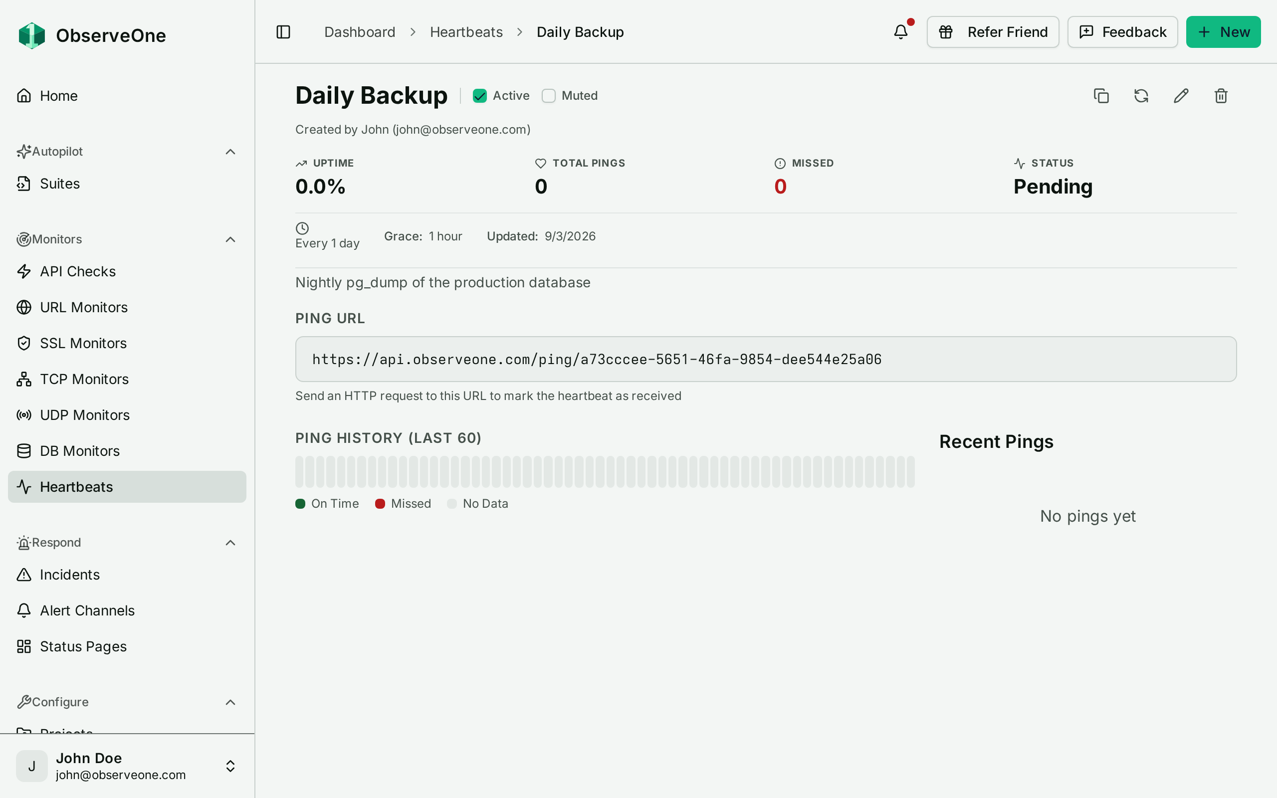 A newly created heartbeat showing status Pending, its ping URL, and an empty ping history