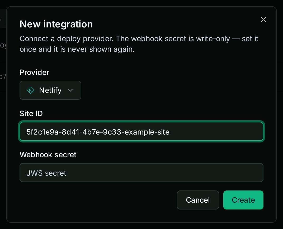 The New integration dialog with Netlify selected and a Site ID filled in