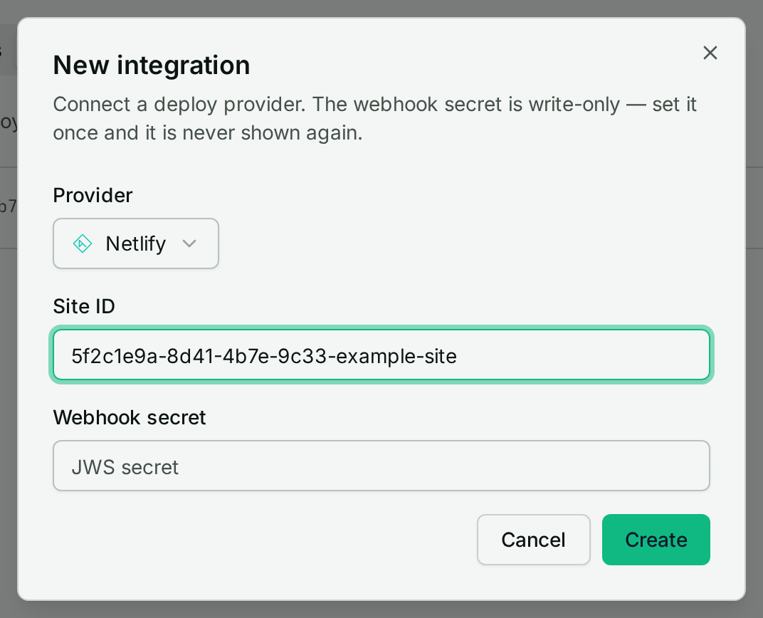 The New integration dialog with Netlify selected and a Site ID filled in