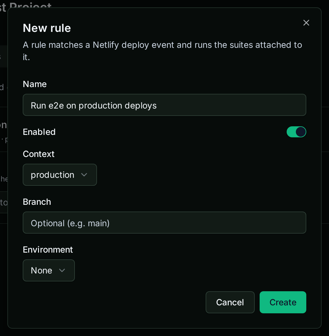 The New rule dialog with a production context deploy rule