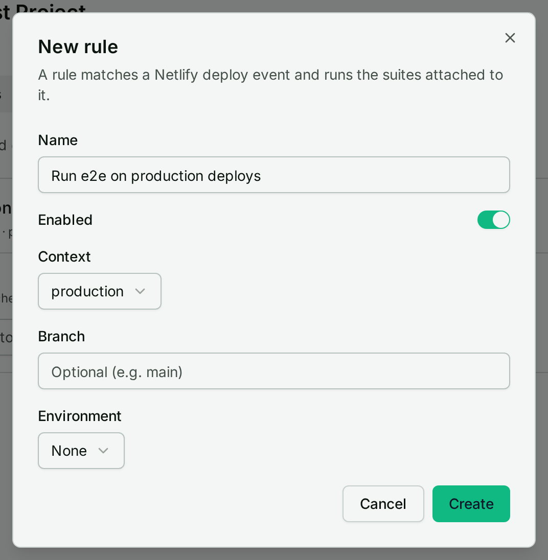 The New rule dialog with a production context deploy rule