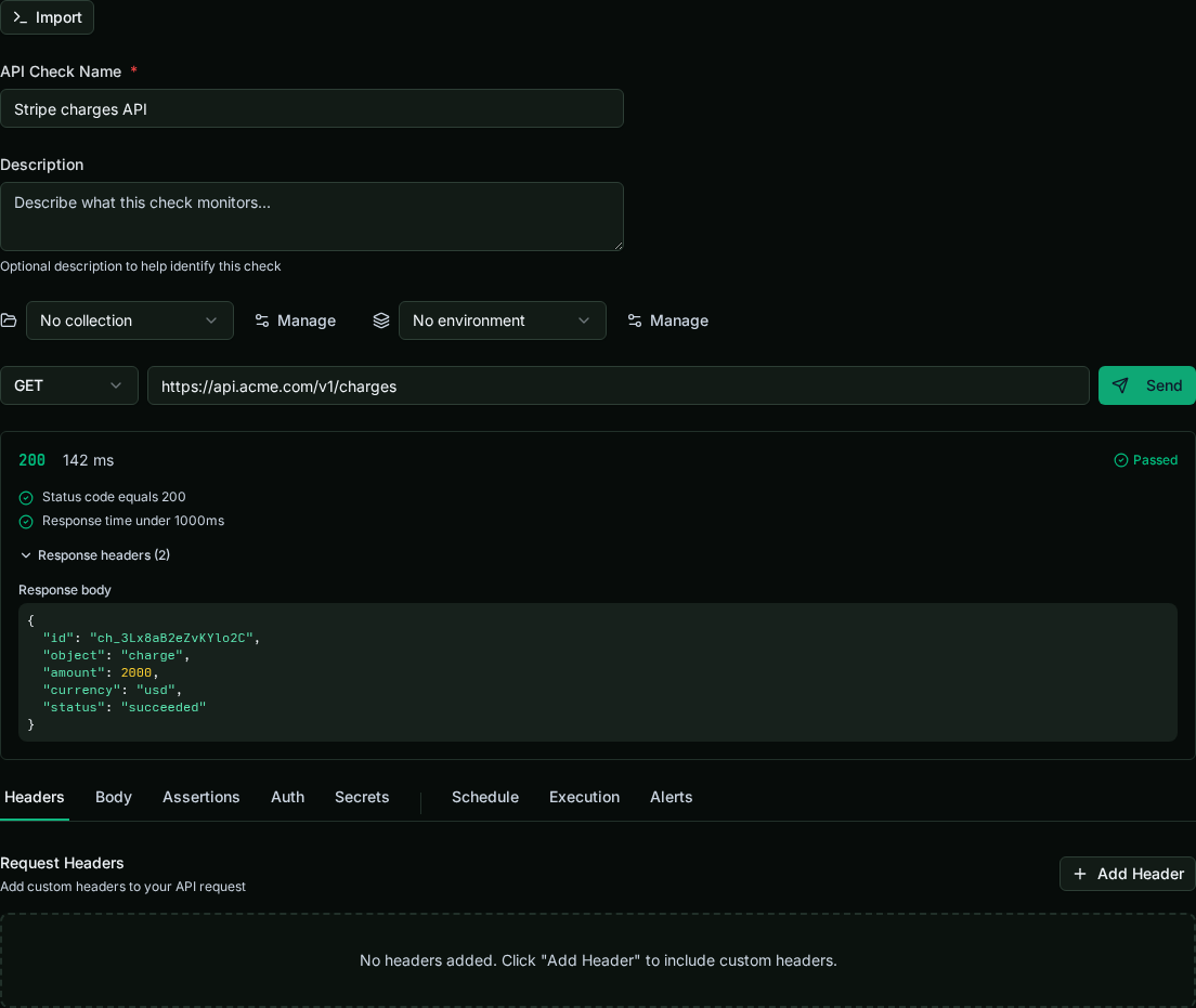 A sent request showing a 200 response in 142ms, passing assertions, response headers, and the response body inline.