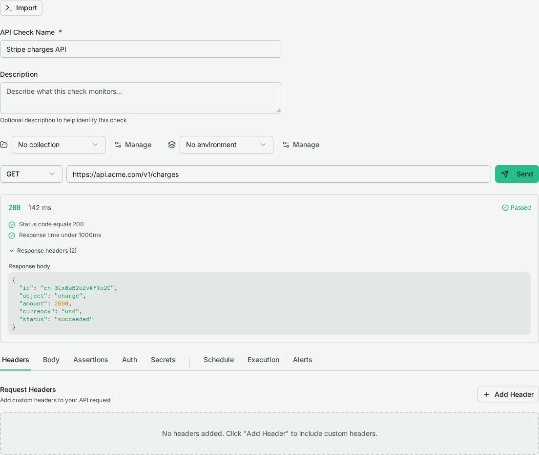 A sent request showing a 200 response in 142ms, passing assertions, response headers, and the response body inline.