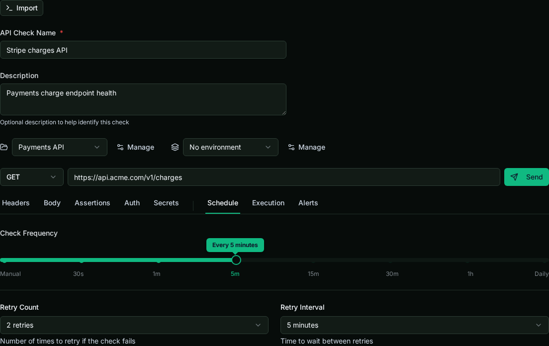 The Schedule tab with the check frequency set to every 5 minutes, plus retry count and retry interval controls.
