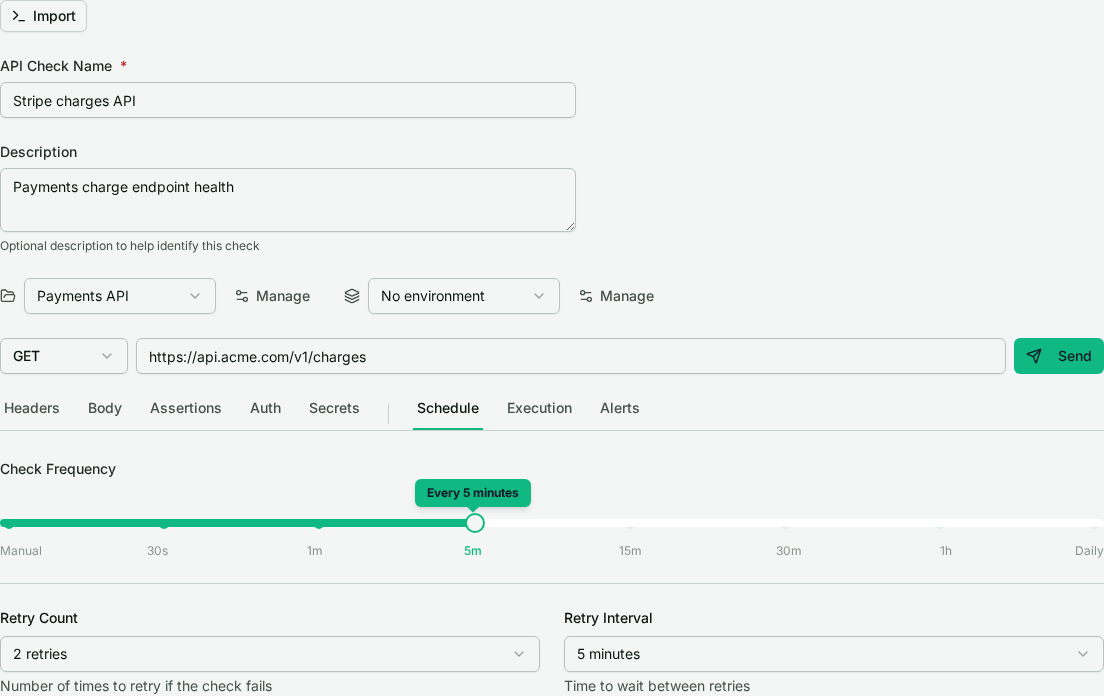 The Schedule tab with the check frequency set to every 5 minutes, plus retry count and retry interval controls.
