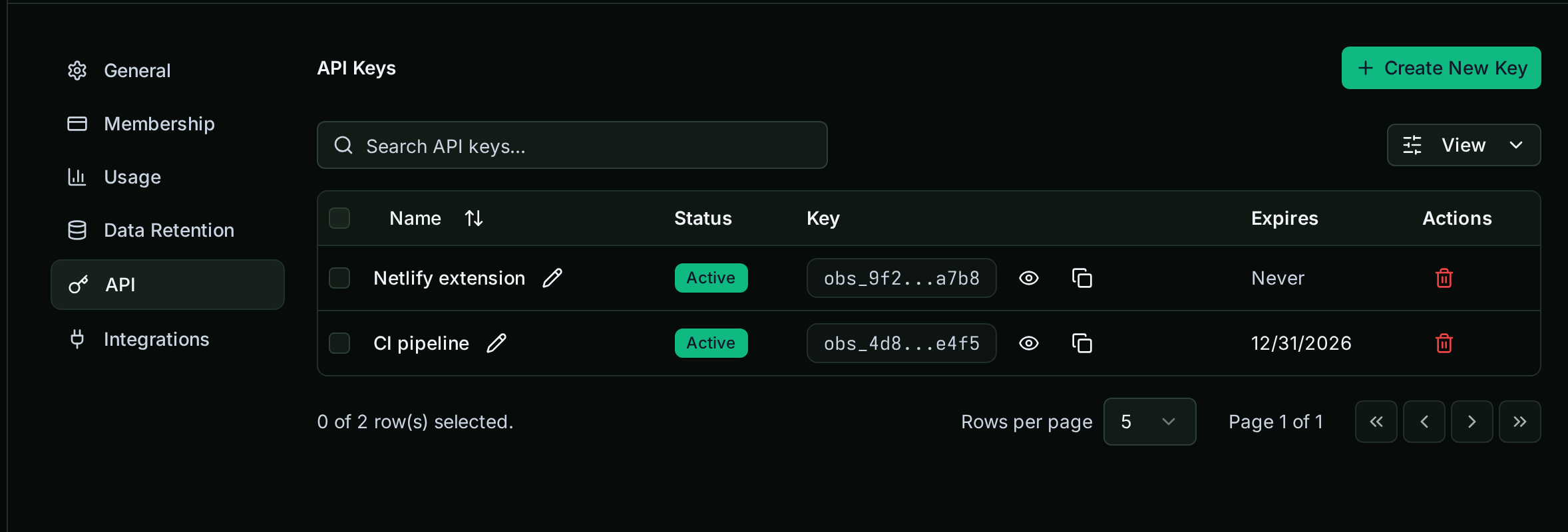 The API Keys page under Settings with the Create New Key button