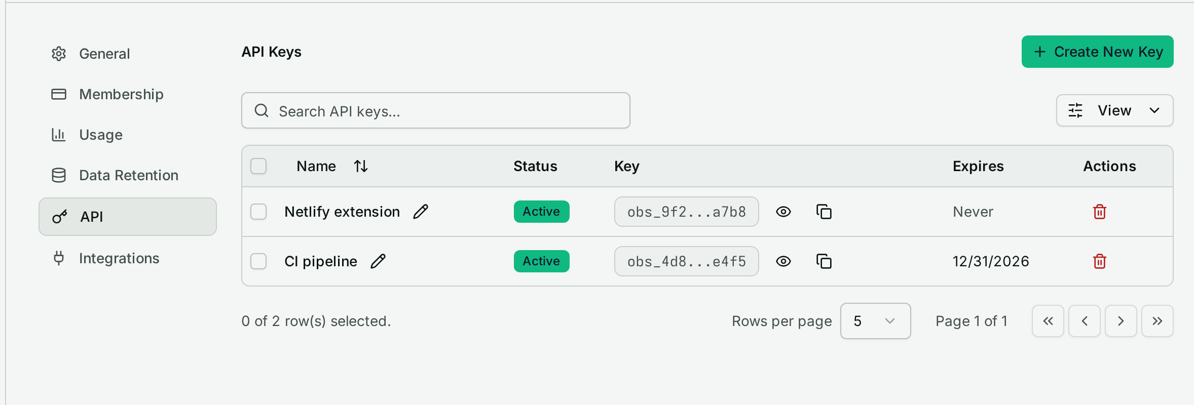 The API Keys page under Settings with the Create New Key button